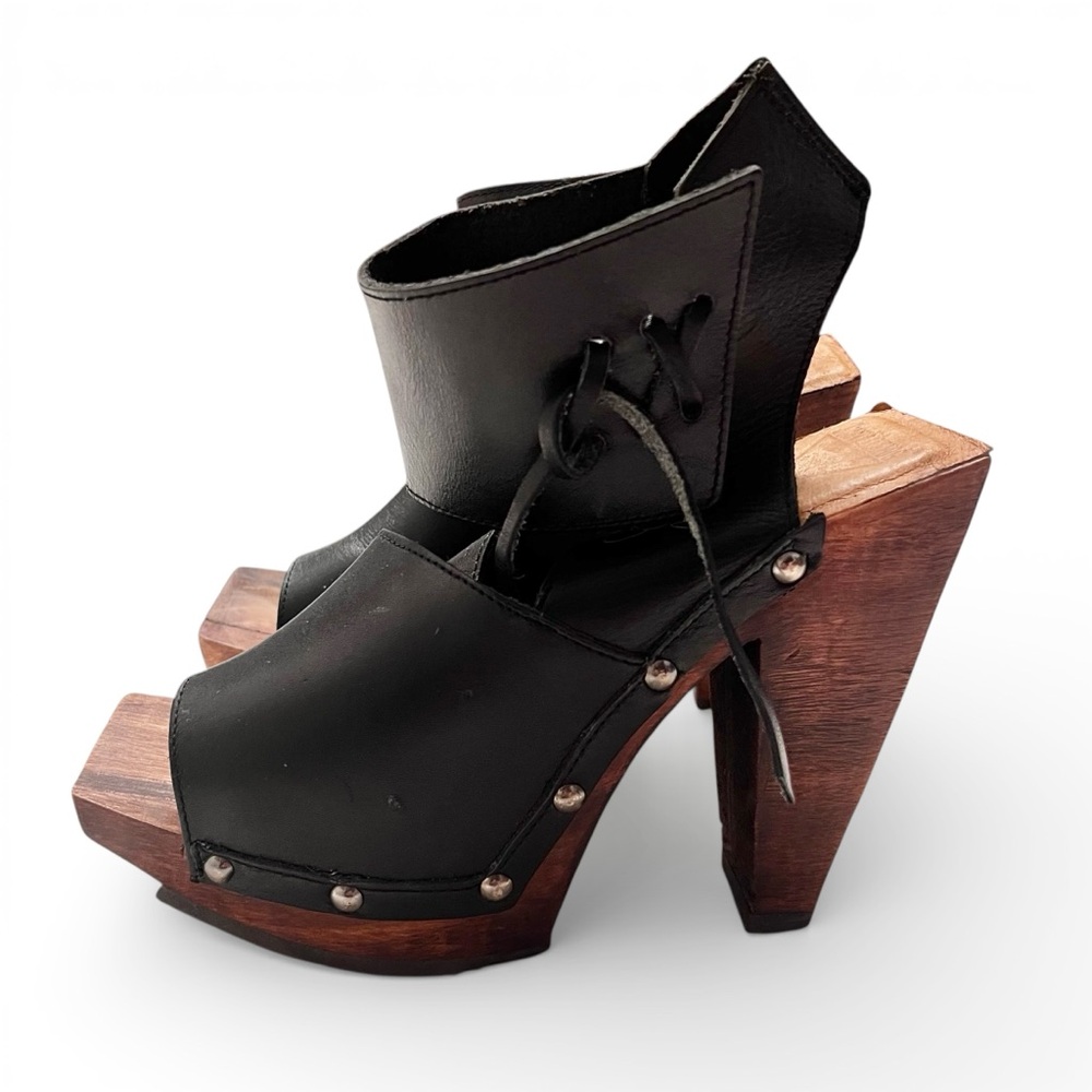 NWOB John Fluevog Rahab Black Leather Wood Lace Up Platform Peep Heel Square 8 - Picture 5 of 12